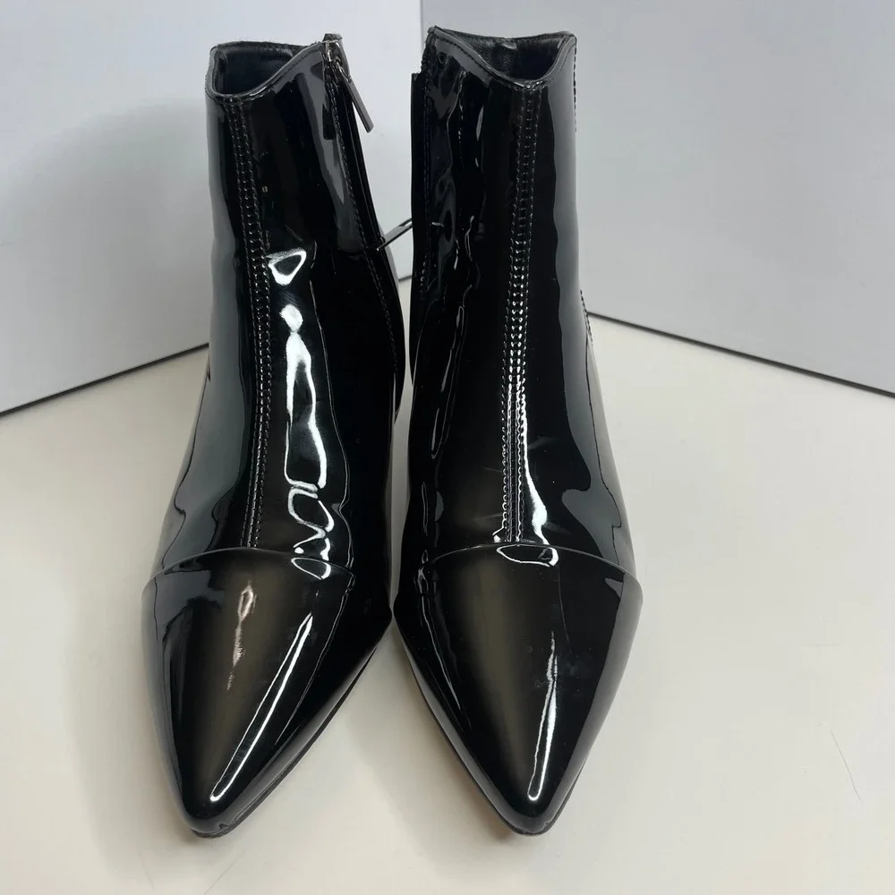 XYD Womens Black Patent Leather Pointed Toe Kitten Heel Ankle‎ Boots Size 8